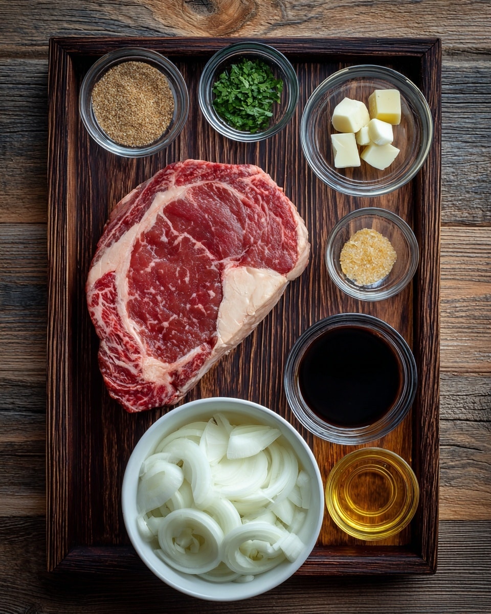 The image shows one large raw steak with red and white marbling placed on a dark wooden tray with a textured surface. Below it, there is a white bowl filled with thickly sliced white onion pieces. Surrounding these are small glass bowls with different ingredients: green herbs, coarse white salt, light brown sugar, small chunks of pale yellow garlic, dark soy sauce, and two light golden oils. All items are on a wooden background with visible grain. photo taken with an iphone --ar 4:5 --v 7