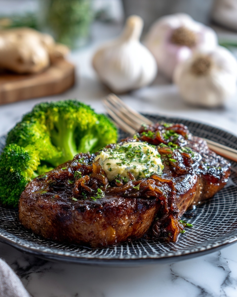 The image shows a cooked steak with dark brown caramelized onions spread over the top, sitting on a dark patterned white plate. On the left side of the steak, there is a bright green broccoli floret positioned next to it. On top of the steak, near the center, is a dollop of light butter or cream with a sprinkle of green herbs. In the background, there are whole garlic bulbs and ginger on a white marbled surface, with a woman’s hand holding a fork near the top right corner. Photo taken with an iphone --ar 4:5 --v 7