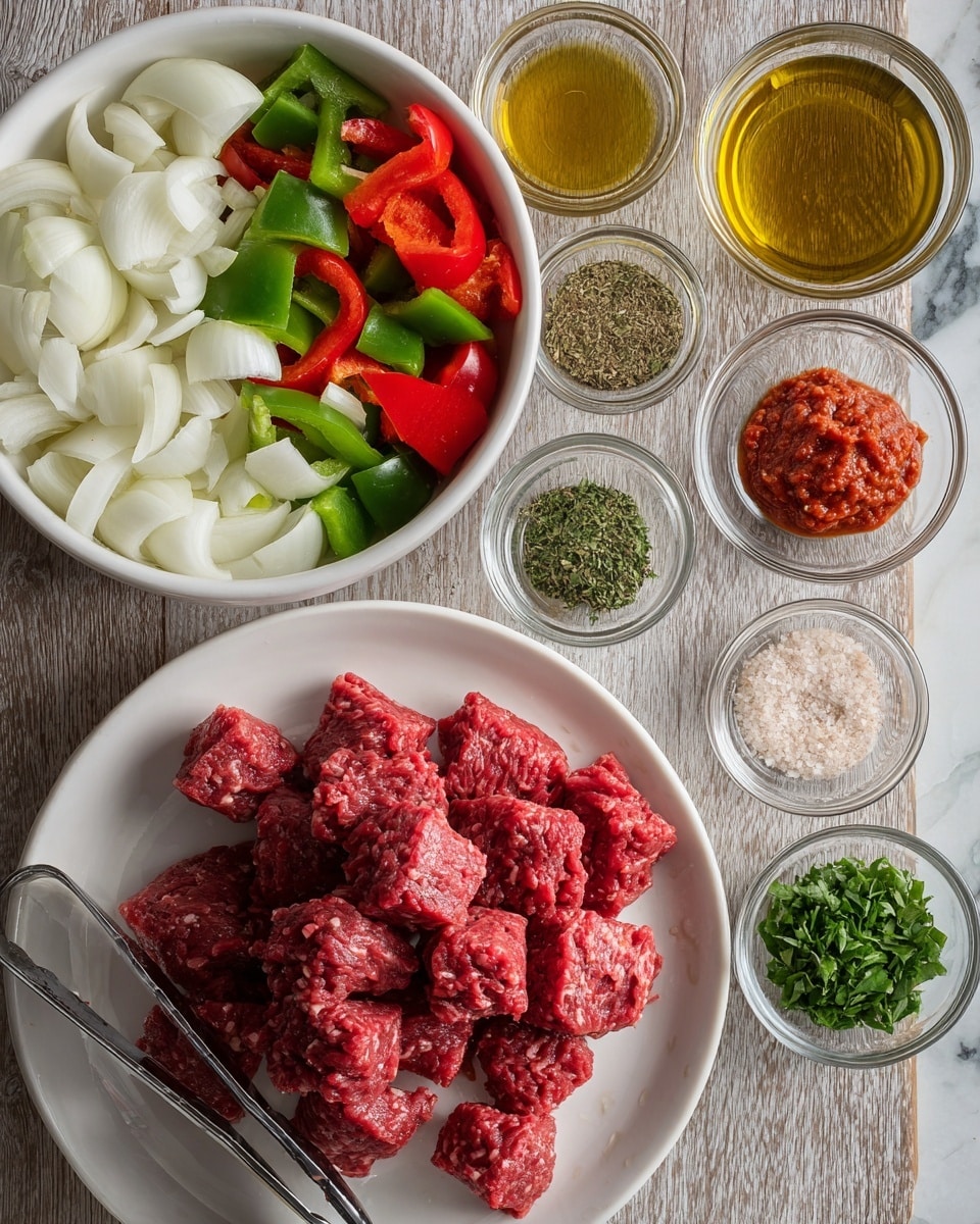 The image shows a white round plate on the right side filled with several pieces of raw red beef stacked loosely, next to silver tongs resting on the plate’s edge. To the left, there is a white bowl filled with sliced white onions on the top and another white bowl below it holding sliced red and green bell peppers mixed with chopped green peppers. Surrounding these bowls are small clear glass bowls arranged in rows, holding light brown ground spice, minced garlic, chopped fresh green herbs, pink salt, a thick dollop of red tomato paste, golden olive oil, and a light brown liquid. All items are placed on a wooden surface with a white marbled texture. photo taken with an iphone --ar 4:5 --v 7