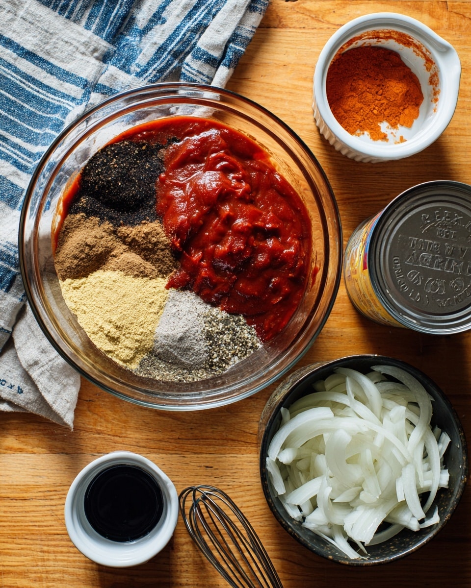 A clear glass bowl is centered with four visible layers of sauce ingredients: a thick red ketchup-like sauce covering most of the right side, dark red chili peppers underneath it on the left, light brown dry powder clustered on the upper left, and pale yellow powder resting on the lower middle. Around the bowl, there is a white ramekin with some leftover orange sauce at the top right, and an open can with a dark utensil inside beside it. Below the bowl is a small white cup with some black liquid inside and a stainless steel whisk touching the bottom left of the frame. The bottom right corner shows part of a black slow cooker with white sliced onions inside, sprinkled with black pepper. All items are placed on a warm wooden surface topped with a small blue and white striped cloth peeking in from the top left corner. Photo taken with an iphone --ar 4:5 --v 7
