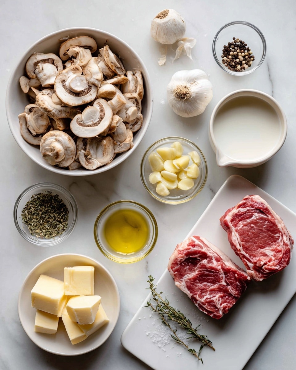 The image shows several small white bowls and plates arranged neatly on a white marbled surface. One bowl is filled with sliced mushrooms, light brown in color, and slightly textured. Another small bowl contains a smooth white liquid, likely cream. There are also small dishes holding light yellow garlic cloves, thin green herbs, golden olive oil, and small cubes of pale yellow butter. Two pieces of raw red meat with white marbling are placed on a white rectangular plate at the bottom right. Scattered peppercorns and a pinch of salt are also visible in tiny clear bowls. The whole scene is well-lit with soft shadows, and the ingredients are spaced evenly. A woman's hand is not visible in the shot. Photo taken with an iphone --ar 4:5 --v 7