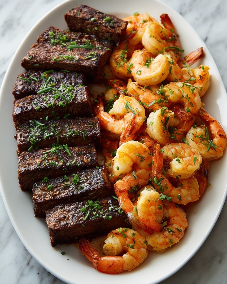 The image shows a white oval plate on a white marbled surface filled with two main layers of food. On the left side, there are several thick, juicy steak pieces with a dark brown, grilled texture. On the right side, a layer of cooked shrimp is arranged, showing orange-pink bodies with some green herbs sprinkled on top. Both the steak and shrimp have a slight shine, suggesting they are well-cooked and juicy. The green herbs add small green spots evenly across the dish. Photo taken with an iphone --ar 4:5 --v 7