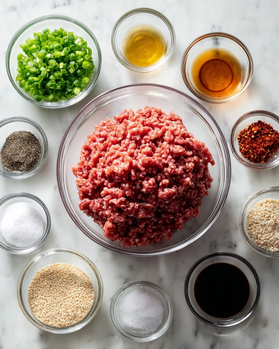A clear glass bowl in the center holds a large mound of raw ground beef with a coarse texture and red-brown color. Around it are ten smaller clear glass bowls arranged in a circle on a white marbled surface, each containing different ingredients: one has bright green chopped onions, another has a dark amber liquid, one bowl is empty, one holds fine black pepper, another white salt, a bowl with small off-white granules, one has crushed red pepper flakes, another has dark brown sugar, one bowls shows thick soy sauce with a shiny surface, and the last one has ivory sesame seeds. The scene is well-lit and sharp, showing natural colors and textures, photo taken with an iphone --ar 4:5 --v 7