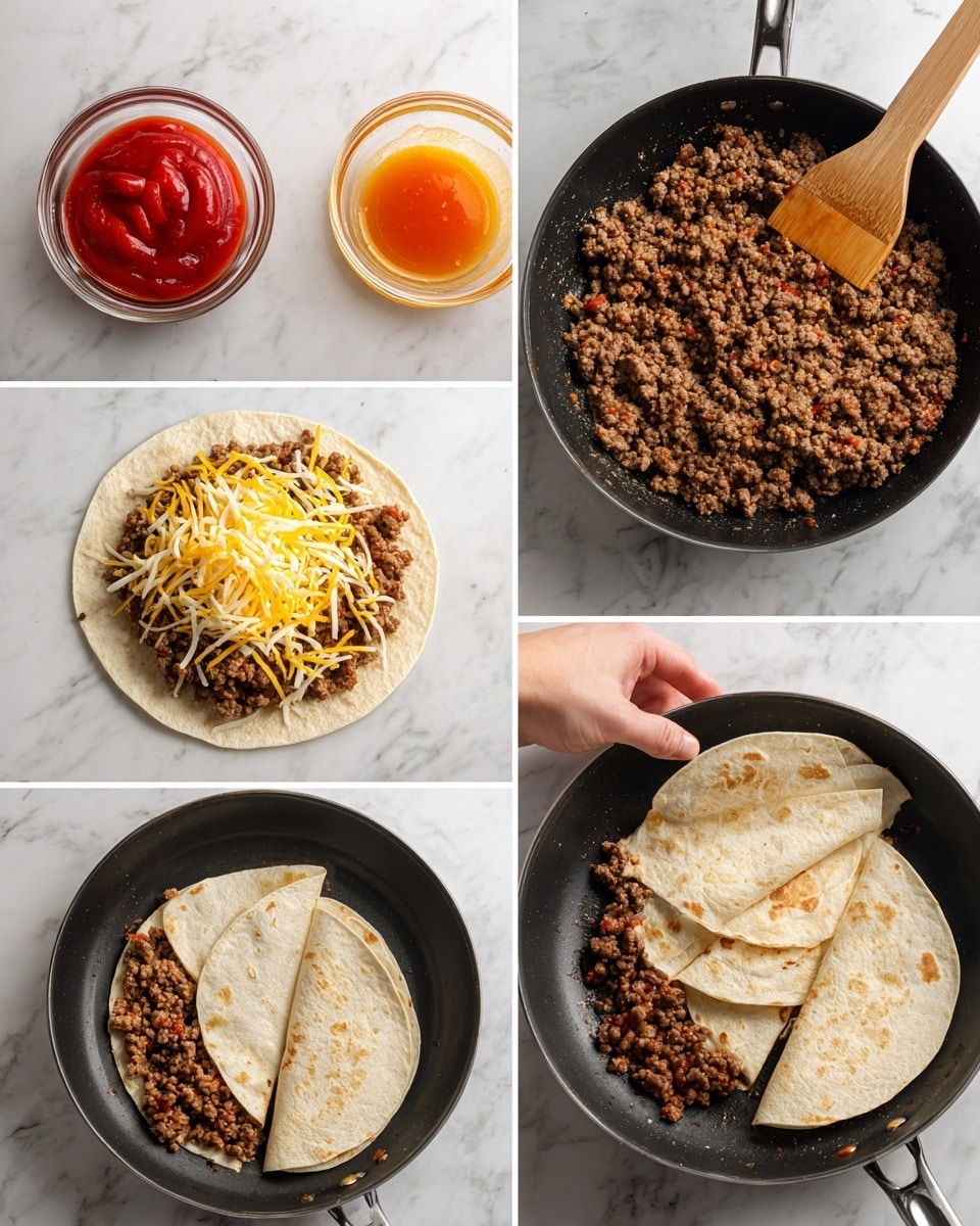 The series shows a step-by-step cooking process starting with a black pan filled with raw ground beef seasoned with pepper and spices, then the beef cooked and browned with a wooden spatula above it. A woman's hand holds a small clear glass bowl with bright red ketchup, then another glass bowl with an orange sauce. Next, two white tortillas are laid flat on a white marbled surface, each topped on one side with shredded yellow and white cheese. Cooked ground beef is spread evenly over the cheese on both tortillas. Additional shredded cheese is sprinkled over the beef, and the tortillas are folded in half with the fillings inside. Finally, the folded quesadillas are shown in a black pan cooking until the outside is golden brown and crispy. photo taken with an iphone --ar 4:5 --v 7