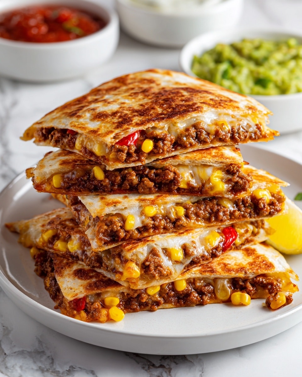 The image shows a stack of four quesadilla slices on a white plate. Each quesadilla slice is filled with ground meat, melted cheese, corn kernels, and small pieces of red bell pepper. The quesadilla tortillas are golden brown and look crispy, with a soft, gooey filling inside. The stack is arranged in a slightly uneven pile, with some filling visible between the layers. A lemon wedge is placed beside the quesadillas on the plate. In the background, there are white bowls with green guacamole and a red sauce. The whole scene is set on a white marbled surface. photo taken with an iphone --ar 4:5 --v 7