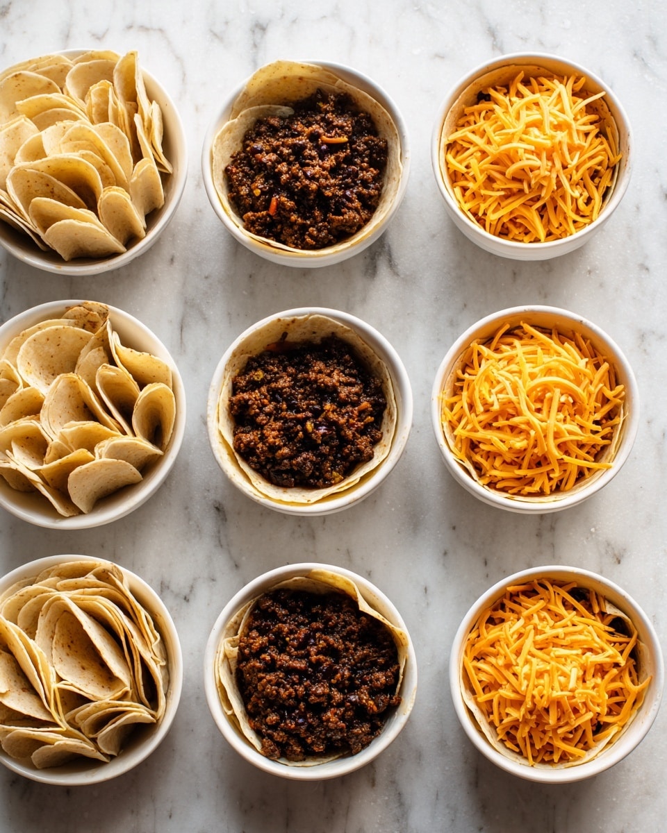 The image shows four rows of small white bowls on a white marbled surface. In the first row, the bowls are lined with light beige, thin tortilla shells, softly folded inside each bowl. The second row features the bowls filled with a layer of cooked, dark brown seasoned meat sitting right on the tortilla shells. In the third row, each bowl has a layer of shredded orange cheddar cheese added over the meat. The fourth row shows the same filled bowls, but the cheese is visible under the meat, as if stirred together, with the dark meat and orange cheese mixed inside the shells. photo taken with an iphone --ar 4:5 --v 7