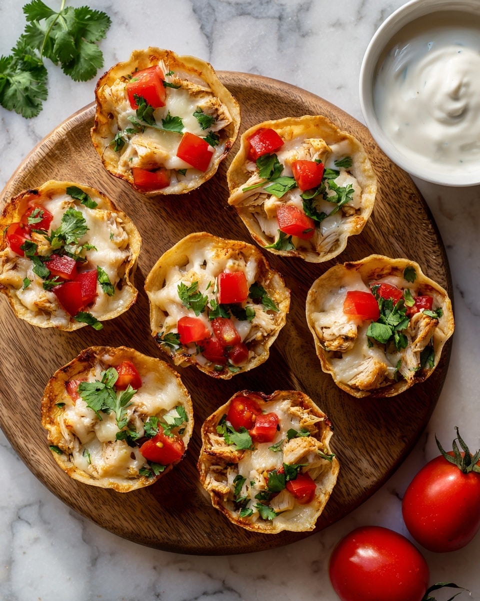 There are eight small white tortilla cups arranged on a round wooden board over a white marbled surface. Each cup has three visible layers: a crispy golden tortilla shell at the bottom, a layer of melted light yellow cheese mixed with cooked light brown beef pieces, and a topping of small bright red tomato chunks with fresh green cilantro leaves scattered on top. To the right, a white bowl with a smooth white creamy sauce is partially visible on the white marbled surface. On the surface near the bowl, there are two red tomatoes with their green stems. Photo taken with an iphone --ar 4:5 --v 7