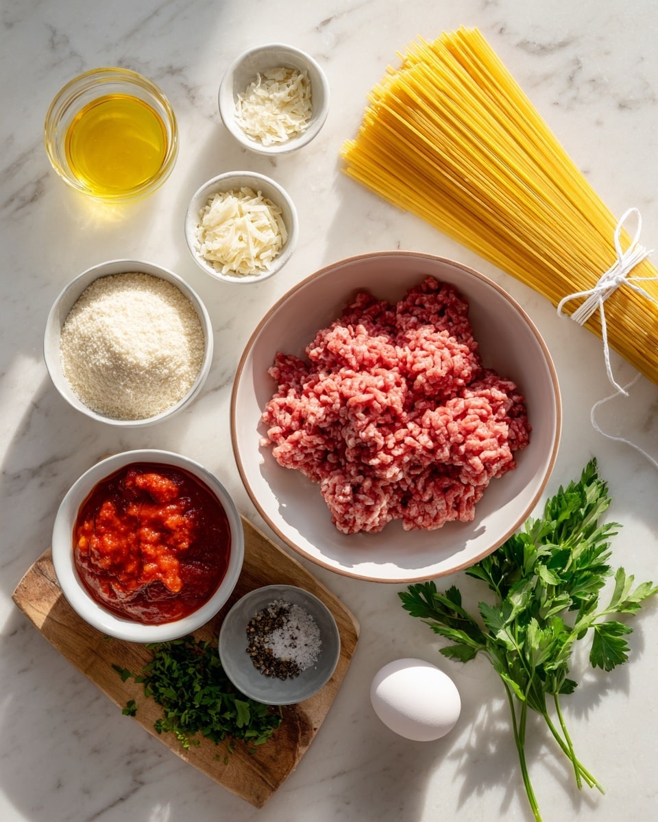 The image shows a flat lay of ingredients on a white marbled surface, arranged neatly. There is a white bowl with a light brown rim filled with pink raw ground meat on the right side. Above it is a small pile of uncooked yellow spaghetti tied with white string. To the left of the meat bowl are small bowls containing light beige breadcrumbs, grated white cheese, and finely chopped white garlic. Above those bowls is a small clear container with golden olive oil. On the left side, a white bowl holds red tomato sauce with chunks and texture. Below, a wooden board holds green parsley leaves and a small gray bowl of salt and black pepper. Near the board is a single white egg, completing the setup. The lighting is natural and soft. Photo taken with an iphone --ar 4:5 --v 7