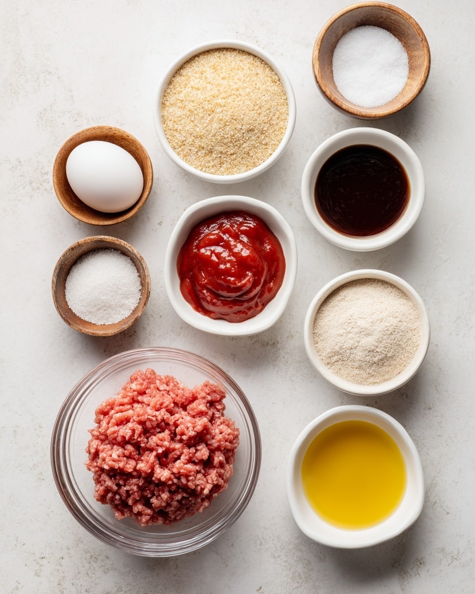 The image shows nine small bowls arranged in a loose grid on a white marbled surface. At the bottom center, there is a clear glass bowl filled with raw ground meat, having a pinkish-red color with some darker spots. Above it, two white bowls sit side by side, the left one holding light beige breadcrumbs and the right one containing light brown breadcrumbs. Above those, in the middle row, there are three white bowls: the left one is empty and clear, the middle one has a dark, glossy liquid, and the right one is filled with bright red ketchup. At the top row, three small bowls are arranged—on the left, a wooden bowl with a whole white egg; in the center, a wooden bowl with coarse salt; on the right, a small white bowl containing a fine white powder. To the right of this row, slightly below, is another white bowl filled with a yellow liquid, possibly oil. photo taken with an iphone --ar 4:5 --v 7
