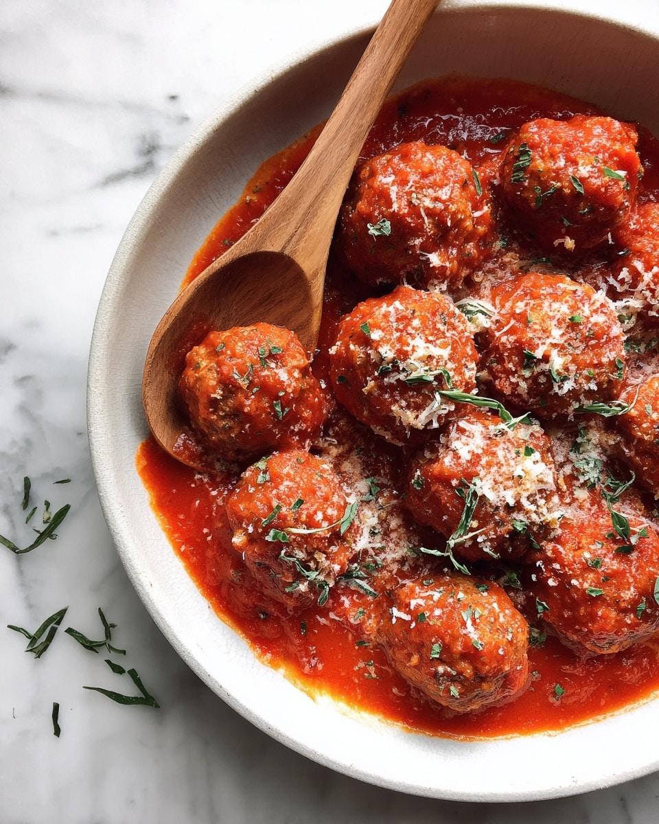 A white bowl filled with round meatballs covered in bright red tomato sauce, sprinkled with grated cheese and small green herb leaves scattered on top. A wooden spoon is partially submerged on the left side of the bowl. The bowl sits on a white marbled surface. Photo taken with an iphone --ar 4:5 --v 7