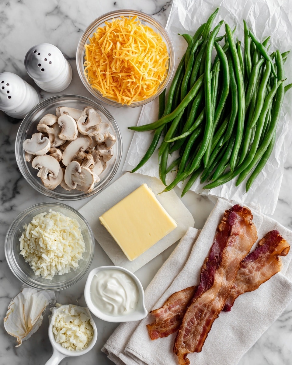 The image shows a white marbled surface with fresh green beans placed on a piece of parchment paper to the right, displaying a vibrant green color and smooth texture. To the left are several small clear glass bowls arranged in a vertical line: the top bowl contains shredded cheddar cheese in an orange hue with a soft texture, below it is a bowl with chopped white mushrooms scattered finely, next is a bowl with minced garlic in pale yellow, followed by a small white measuring cup filled with white cream, a small glass bowl with a solid block of yellow butter, and a small glass bowl with white grated cheese. There are two uncooked strips of bacon with visible fat streaks lying flat near the bowls. Near the top of the image are two white salt and pepper shakers and a folded white cloth napkin. The colors contrast softly against the white marbled background. photo taken with an iphone --ar 4:5 --v 7