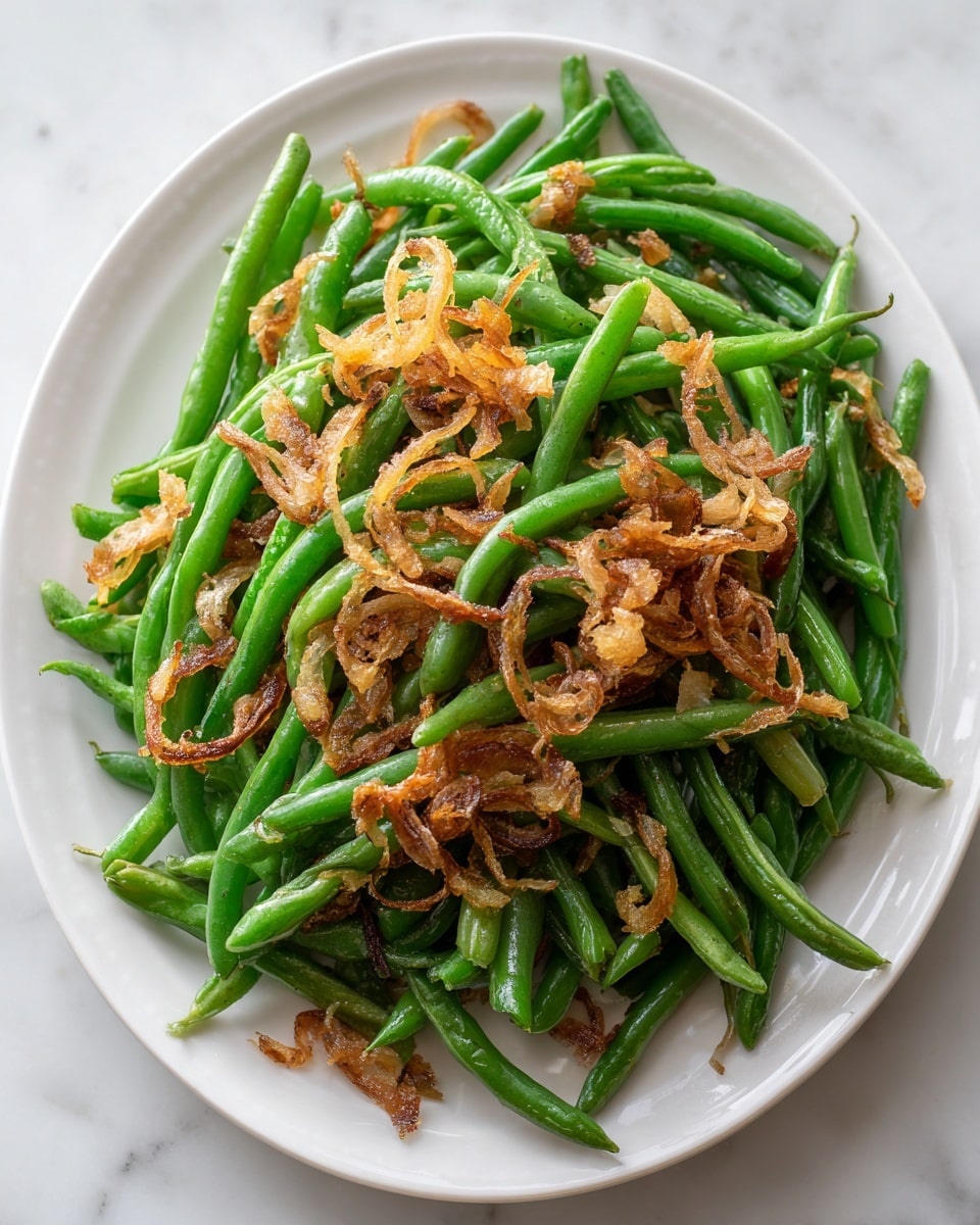 A white plate filled with bright green cooked green beans layered underneath thin, crispy brown fried onions scattered evenly across the top. The green beans look fresh and slightly glossy, while the fried onions have a crinkled texture showing crispiness. The plate sits on a white marbled surface. photo taken with an iphone --ar 4:5 --v 7