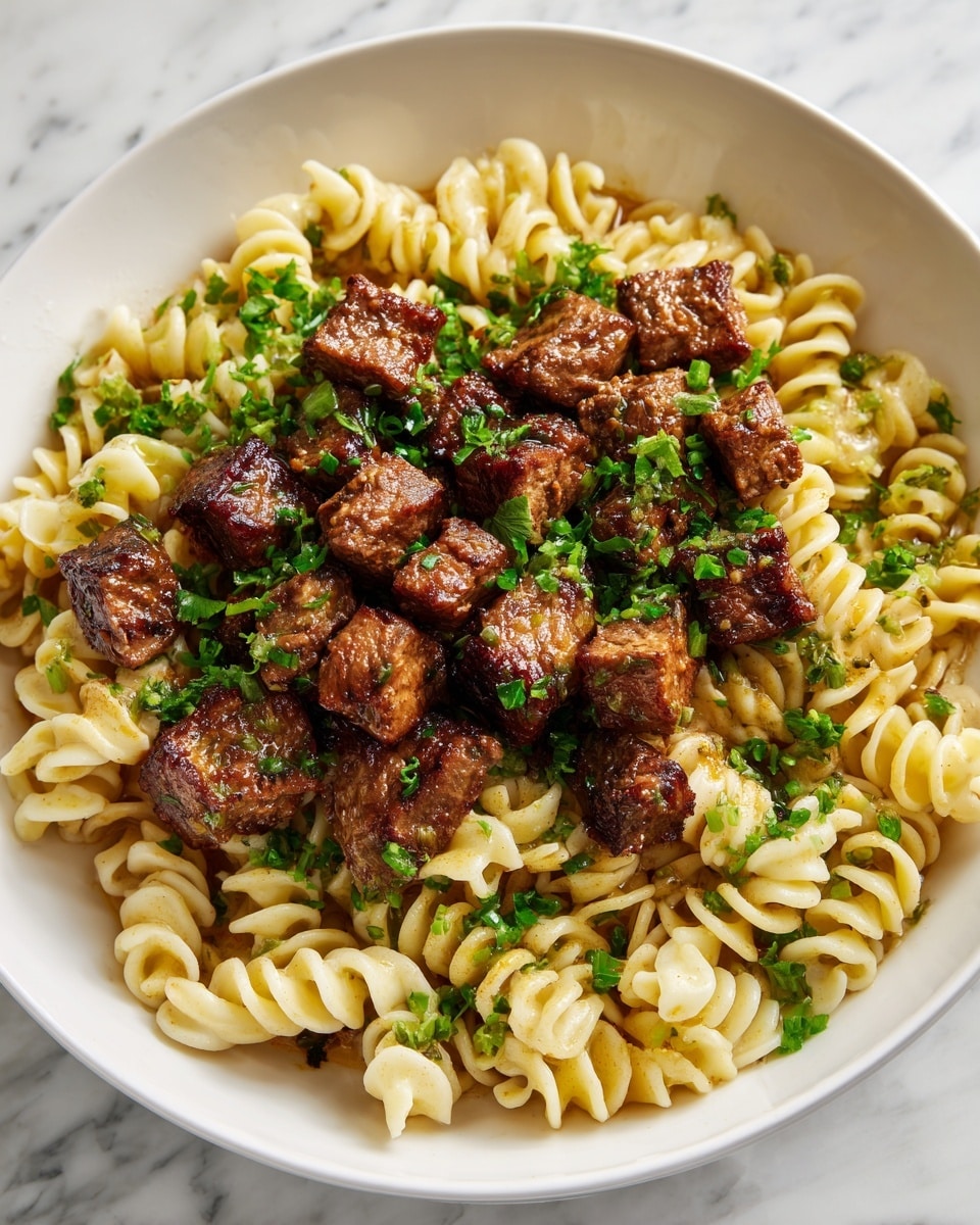 The dish shows a white bowl filled with two main layers. The bottom layer is a bed of spiral-shaped noodles, light yellow with some green flecks, and a slight glisten that suggests they are cooked with herbs or seasoning. On top of the noodles, there are many small, thick cubes of cooked brown meat, evenly spread and garnished with small bright green chopped herbs. The bowl is placed on a white marbled surface. Photo taken with an iphone --ar 4:5 --v 7