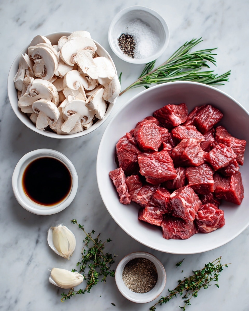 A white bowl on a white marbled surface filled with raw, red beef cubes sits next to another white bowl filled with sliced white mushrooms. Around these bowls are small white dishes holding coarse salt and ground black pepper, three peeled garlic cloves, a small black bowl with dark soy sauce, and fresh green sprigs of thyme and rosemary. The ingredients are arranged neatly and are well separated from each other. Photo taken with an iphone --ar 4:5 --v 7