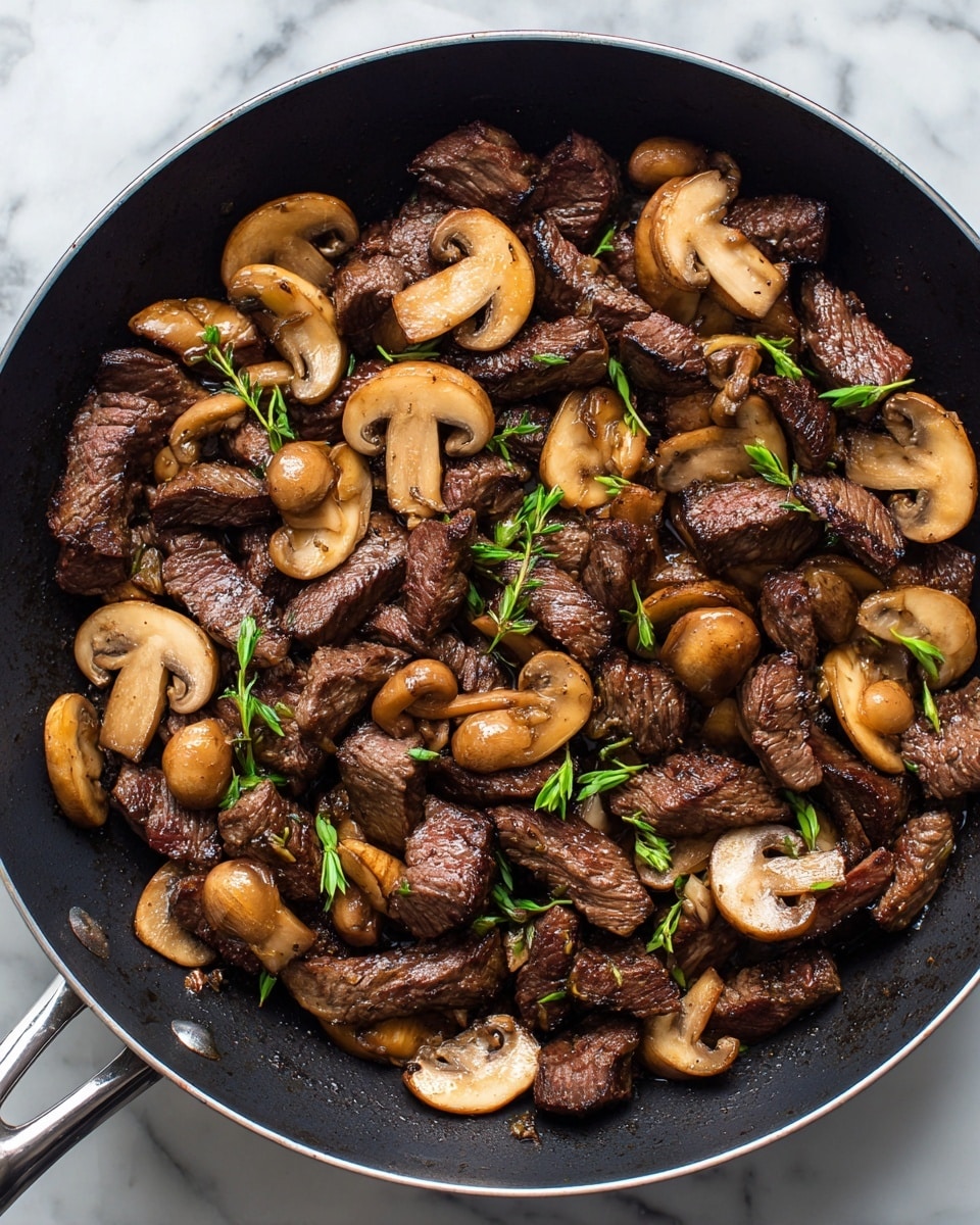 A black pan filled with cooked steak pieces and browned mushrooms. The steak is dark brown with a slightly crispy texture, scattered across the pan, mixed with sliced mushrooms that have a golden-brown color and soft texture. Small sprigs of green herbs are placed on top as garnish. The pan sits on a white marbled surface. Photo taken with an iphone --ar 4:5 --v 7