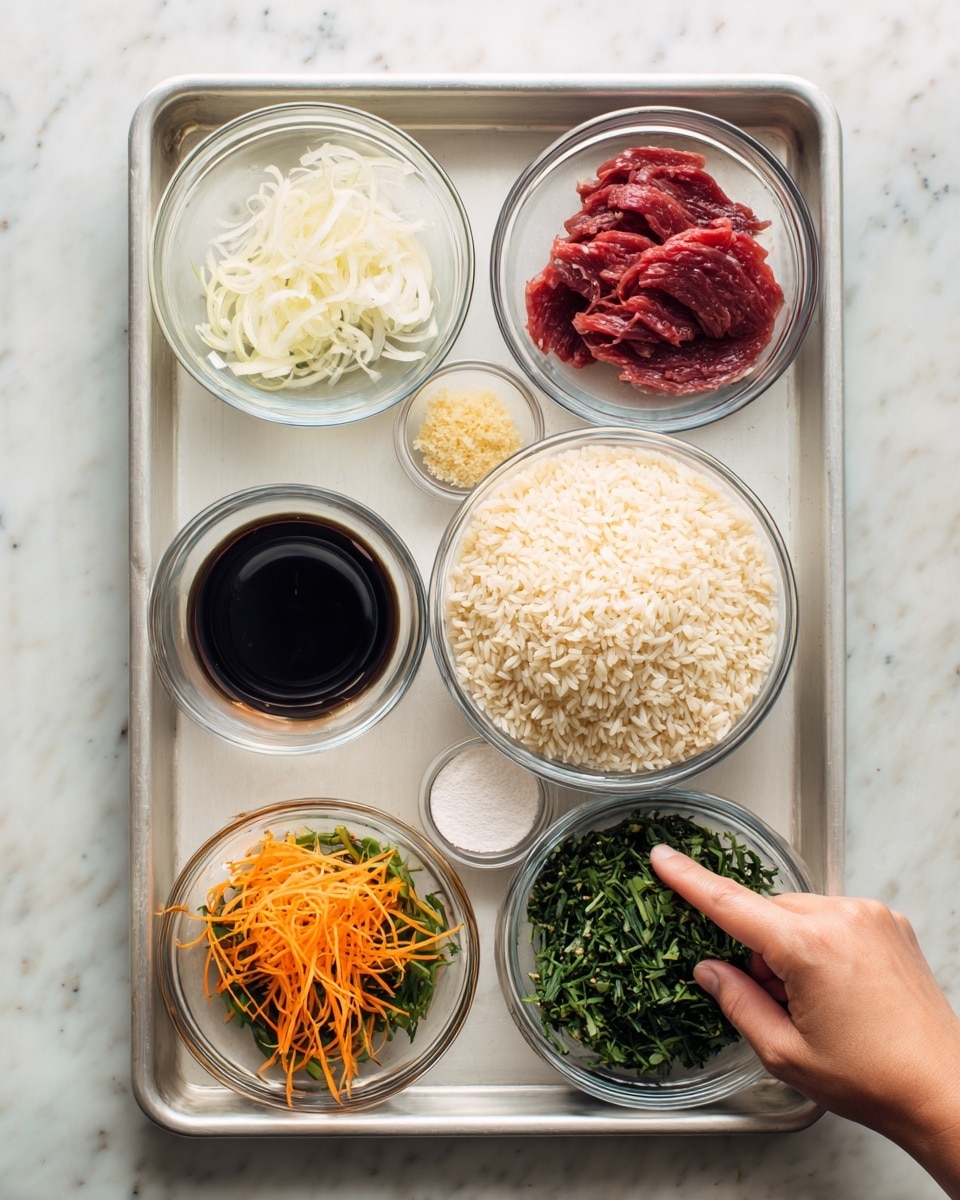 Six small clear glass bowls are arranged neatly on a baking tray with a white marbled surface underneath. In the center, there is a bowl filled with light beige rice. To the right of the rice, a bowl contains thin slices of red meat. Below the rice, a bowl holds a mix of green herbs and orange shredded vegetables with a little liquid. Above the rice, three smaller bowls line up: the left one has thinly sliced white garlic, the middle one is filled with dark soy sauce, and the right one contains a white powdery substance. A woman's hand is pointing toward the bowl with garlic. The photo taken with an iphone --ar 4:5 --v 7