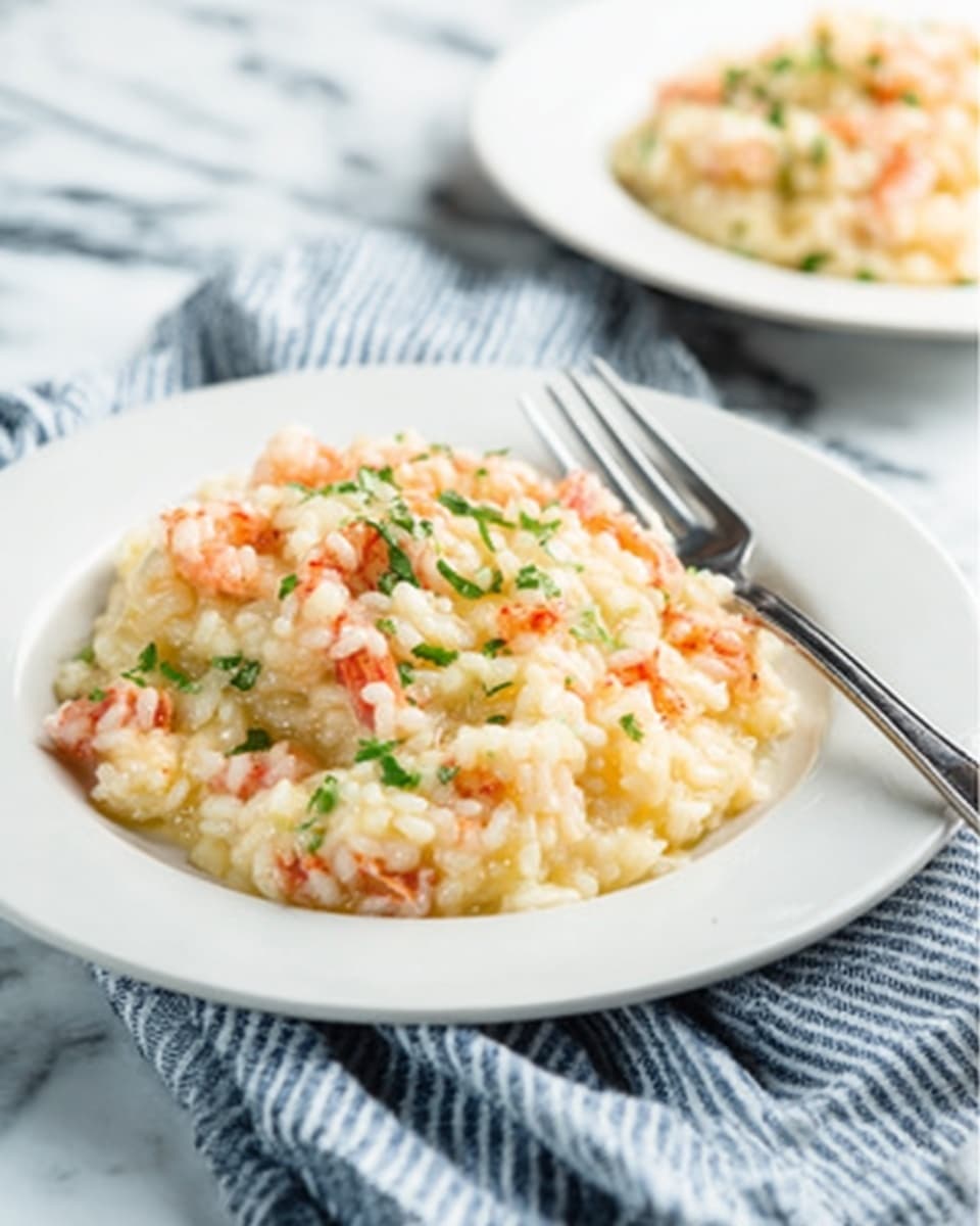 A white plate on a white marbled surface holds a serving of creamy risotto with visible pieces of pink shrimp and green herbs mixed throughout. The risotto appears soft and slightly shiny, with the shrimp pieces scattered evenly on top and within the rice. A stainless steel fork rests on the side of the plate, and in the blurred background, there is a second white plate with more risotto. A striped blue and white cloth is partially visible beneath the plate. Photo taken with an iphone --ar 4:5 --v 7