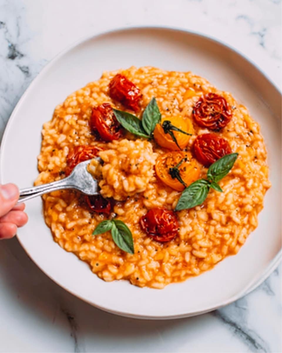 A white plate holds a creamy orange risotto with a smooth texture, topped with small red roasted cherry tomatoes and a few golden slices of roasted peppers, scattered across the surface. Fresh small green basil leaves are sprinkled on top for contrast, adding a touch of freshness. A silver fork, held by a woman's hand, is lifting a portion of the risotto, showing the thick, rich grains of rice coated in sauce. The background is a white marbled surface, bright and clean, emphasizing the warm colors of the dish. Photo taken with an iphone --ar 4:5 --v 7
