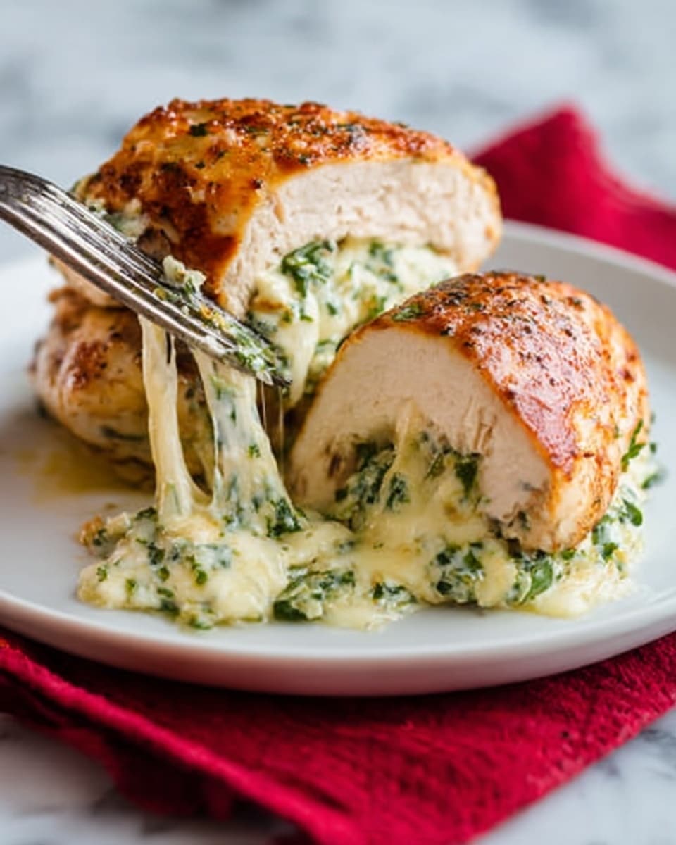 A white plate holds a round chicken breast stuffed with a creamy mixture of melted cheese and green herbs. The chicken's outer layer is golden brown and slightly crispy. The cheese filling is soft and stringy, stretching as a woman’s hand lifts part of the chicken with a fork. The background is a white marbled surface with a red cloth under the plate. Photo taken with an iphone --ar 4:5 --v 7