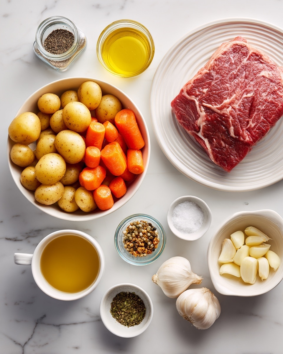 A white bowl filled with two layers: the bottom layer holds round light yellow baby potatoes, and the top layer is covered with small bright orange baby carrots. To the right, a large piece of raw red meat with some lighter pink fat sits on a white plate with subtle lines. Above and around these main items are small containers holding various ingredients: a glass jar with black pepper, small white bowls with white salt and smooth light brown mustard, a clear glass with yellow olive oil, a white bowl full of peeled garlic cloves, a white cup filled with golden broth, a small white bowl containing a mix of green, brown, and red dried spices, and a clear glass with dark brown soy sauce. The background is a white marbled surface. photo taken with an iphone --ar 4:5 --v 7