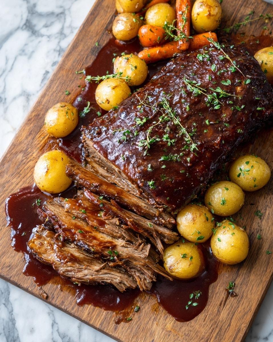 The image shows a wooden board with a large piece of brown roasted meat on the right side, sliced open to reveal tender, juicy layers inside. Around the meat on the board are small, light yellow potatoes and a few orange carrots, all cooked and placed neatly. The meat is covered in shiny, dark brown sauce that spreads onto the board, adding a rich look. Small green herbs are sprinkled over the meat and sauce, giving a fresh touch. The background is a white marbled surface. photo taken with an iphone --ar 4:5 --v 7