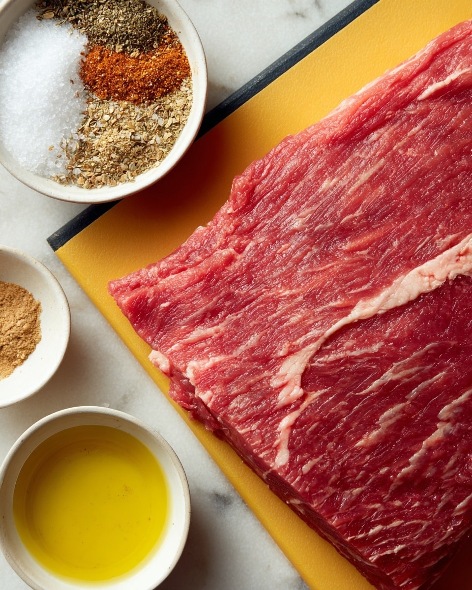 A close-up view of a single large piece of raw red meat with visible light fat streaks lying flat on a yellow cutting board with a black border, placed on a white marbled surface. To the top right of the meat, there are two small white bowls — the upper bowl holds a mixed pile of coarse white salt and various dried spices in shades of brown, beige, and orange, while the lower bowl contains bright yellow oil. The image is bright and clear, showing textures of the meat and spices well photo taken with an iphone --ar 4:5 --v 7