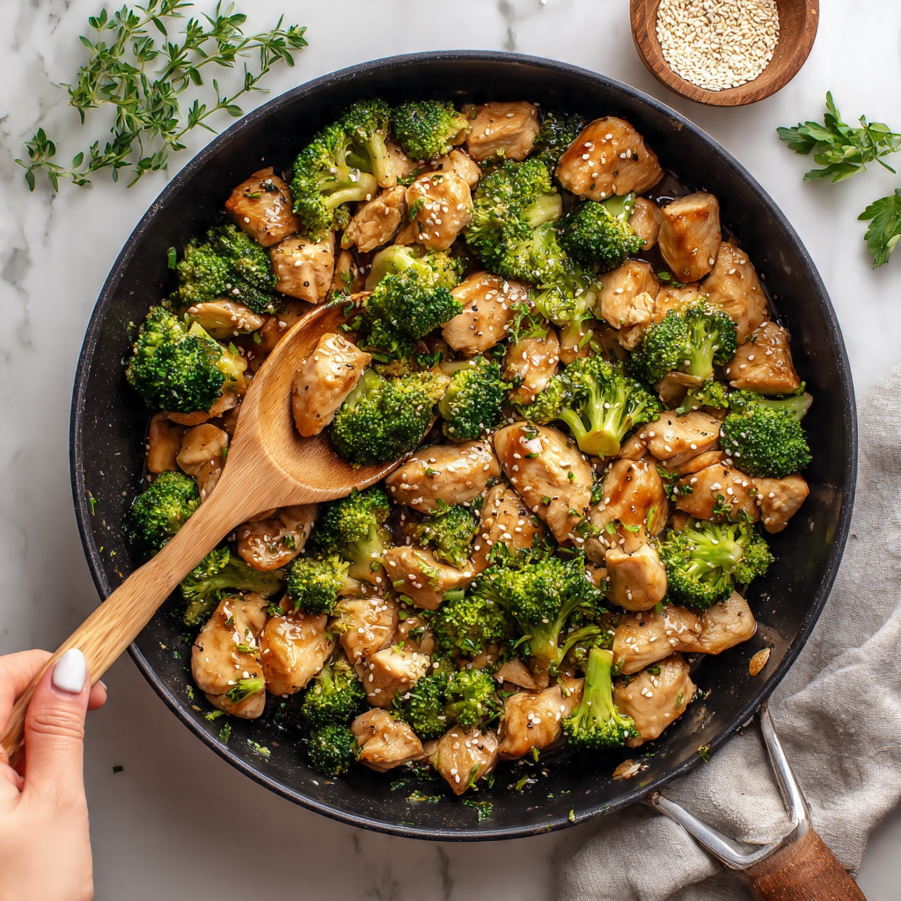 The image shows a black skillet filled with cooked chicken pieces and bright green broccoli florets mixed together. The chicken pieces are golden brown with a glossy sauce coating, scattered evenly among the broccoli. A woman's hand holds a light wooden spoon stirring the food inside the skillet. Next to the skillet is a white marbled surface with a small wooden bowl filled with sesame seeds and some fresh green herbs in the background. The colors are warm with the contrast of green broccoli and brown chicken. Photo taken with an iphone --ar 4:5 --v 7