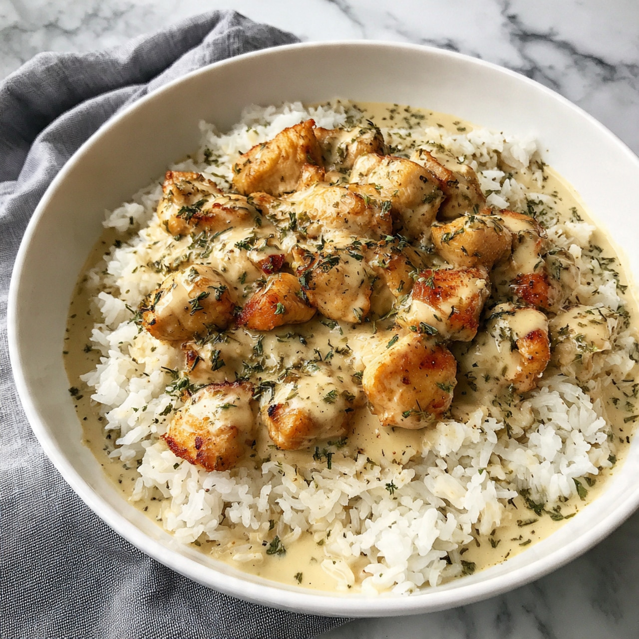 A white bowl filled with cooked white rice at the bottom layer, topped with bite-sized golden brown roasted chicken pieces coated in a creamy light beige sauce with small green herb bits sprinkled on top for garnish. The bowl rests on a white marbled surface with a gray cloth underneath. photo taken with an iphone --ar 4:5 --v 7