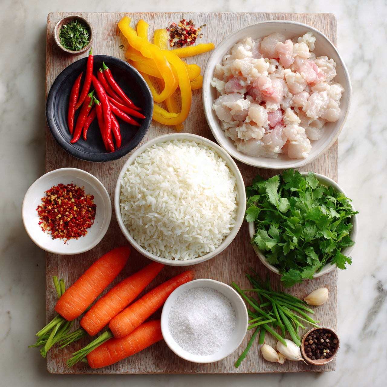 The image shows a wooden board on a white marbled surface with several ingredients neatly arranged. At the top right of the board is a white bowl filled with small, raw, pale pink chicken pieces and a few yellow bell pepper strips resting on the side. Below it, a larger white bowl contains a mound of fluffy, white cooked rice. To the right of the rice, there is fresh green cilantro and a small white bowl with crushed red pepper flakes. On the left side, there is a cluster of bright red chili peppers, a white bowl of salt, and a black bowl full of fresh leafy parsley. Near the bottom of the board, a bunch of fresh, vibrant orange carrots is laid out next to a white bowl containing white powder with a few red chili peppers on top. Around the corners, there are additional small ingredients including black peppercorns, garlic cloves, and green beans. The whole setup looks fresh, colorful, and ready for cooking photo taken with an iphone --ar 4:5 --v 7