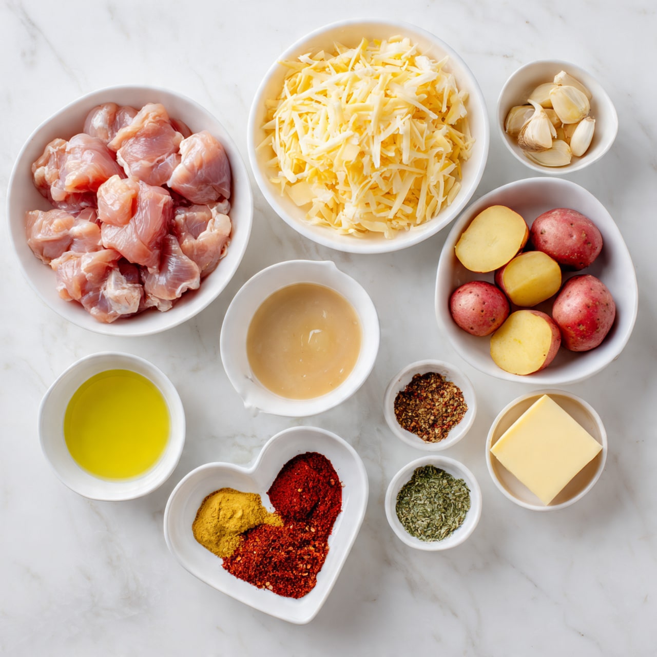 A top view image shows eight white bowls arranged on a white marbled surface. The largest bowl on the left holds several chunks of raw pink chicken pieces, while the largest bowl on the right contains red and yellow small potatoes, some sliced in half showing their yellow insides. At the top center, a medium white bowl is filled with shredded pale yellow cheese. Below the chicken bowl is a small white bowl with a clear, light yellow liquid, likely oil. To the right of it, a heart-shaped white bowl holds three kinds of ground spices: red, green, and black. Below that, a small white bowl contains minced yellow garlic or ginger. Next to that, another small white bowl is filled with a creamy light brown sauce. At the bottom right, a small white bowl contains a square of light yellow butter. The whole setup is bright with natural light, clear and sharp. Photo taken with an iphone --ar 4:5 --v 7
