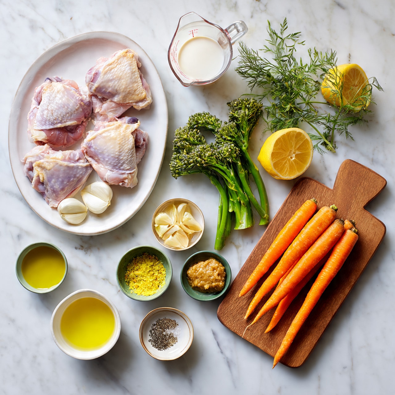 The image shows fresh cooking ingredients laid out on a white marbled surface. On the left, there is a white plate with four raw pink chicken thighs, and above it a white bowl filled with peeled shallots cut into halves. Next to the shallots, there is a small green bowl with a mustard-colored paste. A clear glass measuring cup with white cream is placed above a wooden cutting board. The cutting board holds three green broccolini stalks, three small green bowls with light beige minced garlic paste, amber honey, and a mix of black pepper and white salt. There are also three lemon wedges and a small green bowl with yellow lemon zest. Fresh green herbs lie next to the broccolini on the cutting board. To the right of the board, three long bright orange carrots with green tops rest on the white marbled surface. Below the board, there are two small white bowls, one filled with golden olive oil and the other with a lighter yellow liquid. photo taken with an iphone --ar 4:5 --v 7