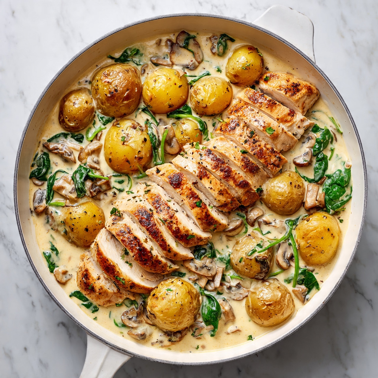 The image shows a white skillet filled with creamy sauce with green spinach leaves mixed in. On top, there are evenly spaced slices of golden-brown cooked chicken breasts arranged in a neat row. The sauce is thick and light cream-colored, covering the bottom of the skillet and surrounding the chicken slices. The skillet is placed on a white marbled surface. Photo taken with an iPhone.