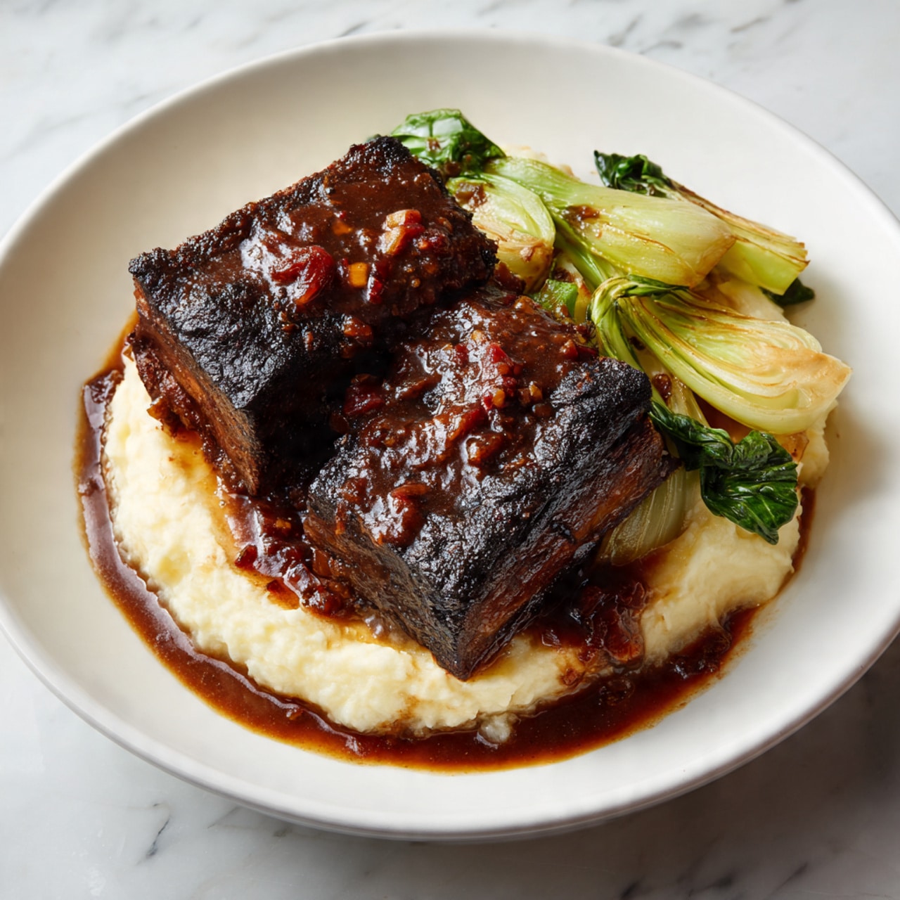 A white plate holds a serving of creamy mashed potatoes as the bottom layer, smooth and pale with slight lumps. On top of the potatoes are two large, thick pieces of dark brown, charred meat with a rough crispy texture. Covering the meat is a thick, chunky dark brown gravy with visible small bits and a glossy finish. On one side of the plate, there is a portion of light golden cooked vegetables, which include pieces of bok choy and other greens, appearing soft and slightly shiny. The whole dish sits on a white marbled surface. Photo taken with an iphone --ar 4:5 --v 7