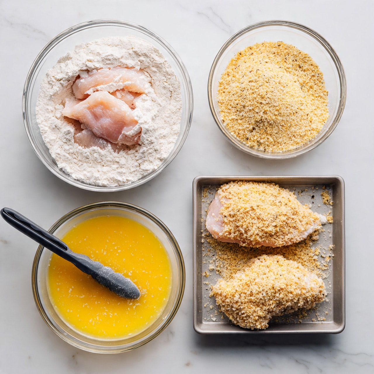 The image shows a top view of a preparing process for breaded chicken with three clear glass bowls in the top row and a metal tray at the bottom on a white marbled surface. The bowl on the left contains white flour with a piece of raw chicken with a light pink color being held by black tongs, partially covered in flour. The middle bowl holds a beaten yellow egg mixture with visible bubbles. The bowl on the right is filled with light brown seasoned breadcrumbs with specks of herbs. On the metal tray below, there are three pieces of chicken: the right piece is plain and raw with a light pink texture, the middle piece is partially coated with breadcrumbs, and the left piece is fully coated in breadcrumbs giving it a rough and grainy texture. Photo taken with an iphone --ar 4:5 --v 7