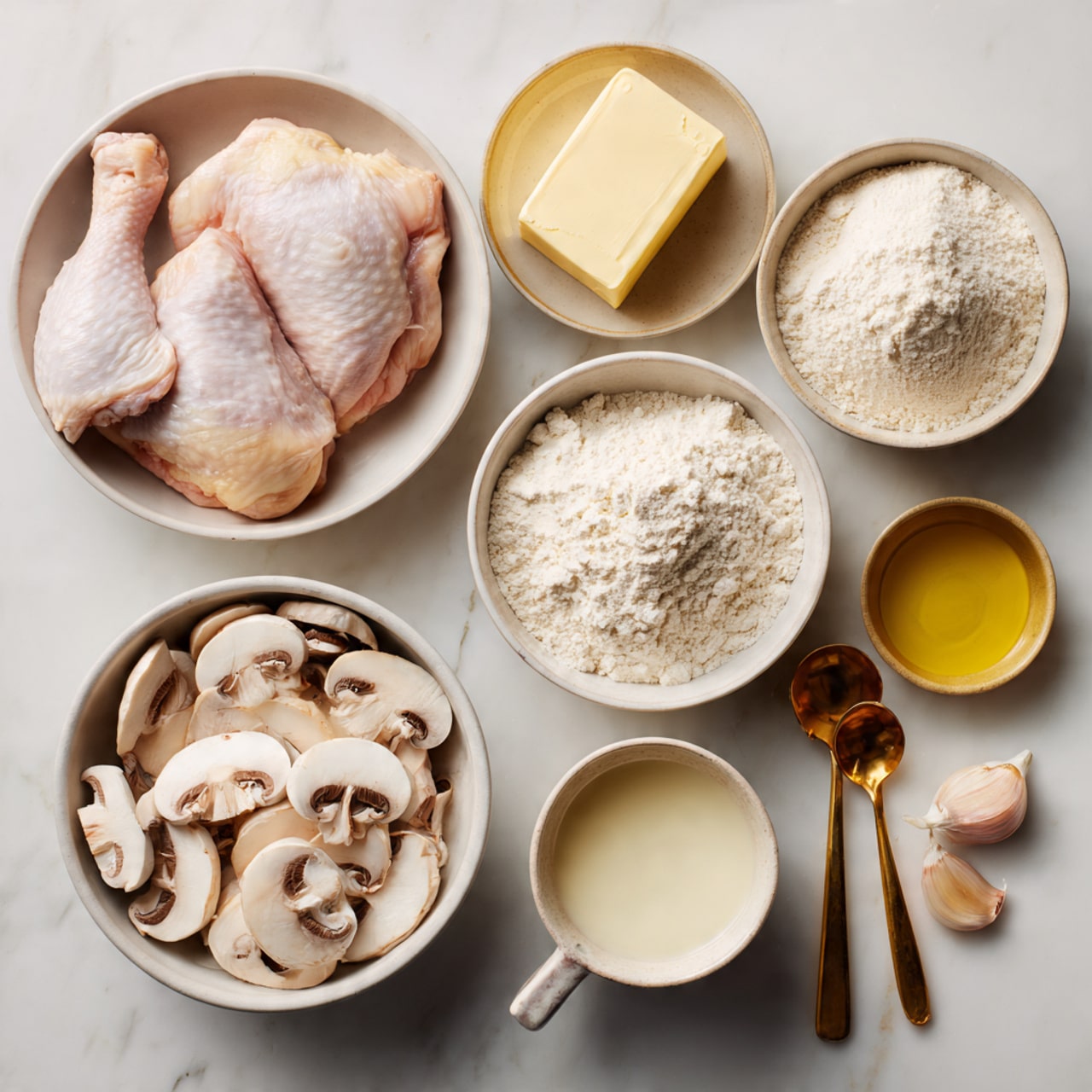 The image shows seven small white bowls arranged on a white marbled surface. One bowl contains two raw chicken breasts, trimmed and pink. Another bowl holds minced garlic. There is a small bowl filled with butter, pale yellow and smooth. A third bowl has grated parmesan. A small cup has heavy cream, and next to it is a bowl with olive oil. On the right side, a sprig of thyme and a clove of garlic add extra detail. Photo taken with an iPhone.
