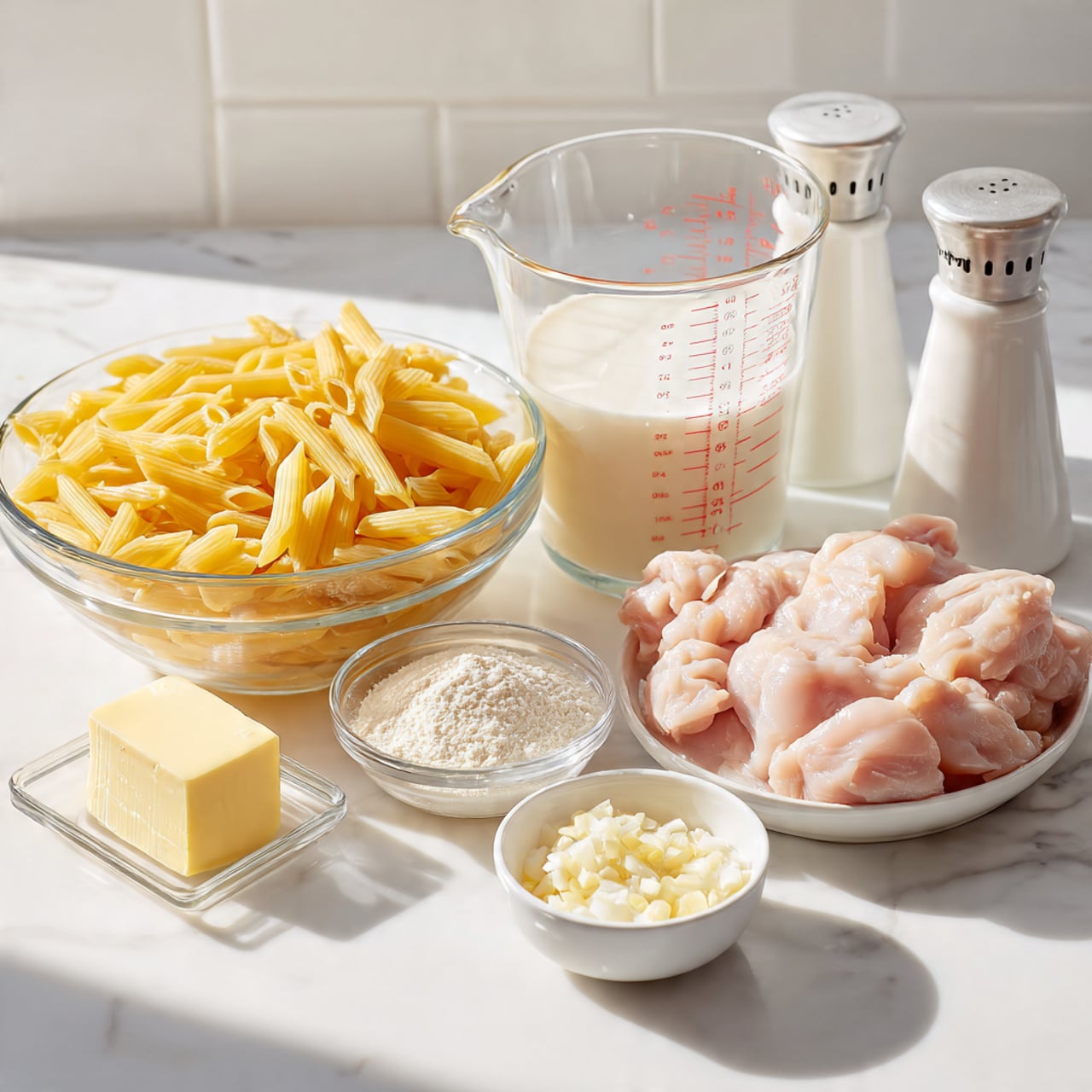 The image shows an arrangement of cooking ingredients on a white marbled surface with a white tiled background. On the left, there is a clear glass bowl filled with yellow uncooked penne pasta. Behind it, slightly to the right, is a clear glass measuring cup with white milk inside, marked with red measurement lines. In front of the pasta bowl, there is a small clear dish with a block of yellow butter. Next to it, two white bowls contain light-colored powdery ingredients; one looks like flour and the other resembles grated cheese. To the right, a white plate holds pale pink raw chicken pieces. In front, a small white dish contains minced garlic. In the background, there are two white salt and pepper shakers with black writing. The lighting is bright and natural, creating soft shadows. photo taken with an iphone --ar 4:5 --v 7