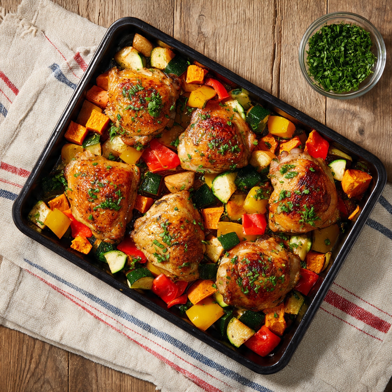 The image shows a black baking tray filled with six pieces of cooked chicken thighs placed on top of a bed of roasted mixed vegetables. The vegetables lie in a single thick layer and include chunks and strips of yellow and red bell peppers, green zucchini, orange sweet potatoes, and light-colored potato cubes. The chicken thighs are golden brown with some darker grill marks and sprinkled with green chopped herbs. The tray is set on a beige cloth with red and blue stripes, on a wooden surface, with a small glass bowl of chopped green herbs placed near the top right corner. photo taken with an iphone --ar 4:5 --v 7
