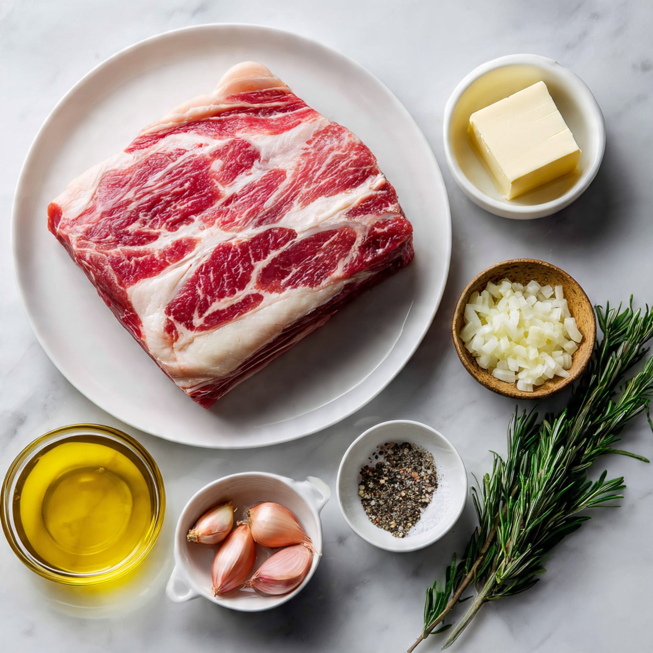 A large piece of raw red meat with white fat lines sits on a white plate in the upper left. Below and around the plate, various small glass bowls hold light yellow olive oil, white butter cube, chopped pale yellow garlic, and light pink shallots. There is also a small white bowl with black pepper and a small brown bowl with white salt. To the right of the meat and bowls, two fresh green sprigs of rosemary lie on a grey surface. The entire scene is laid out on a white marbled textured background. Photo taken with an iphone --ar 4:5 --v 7