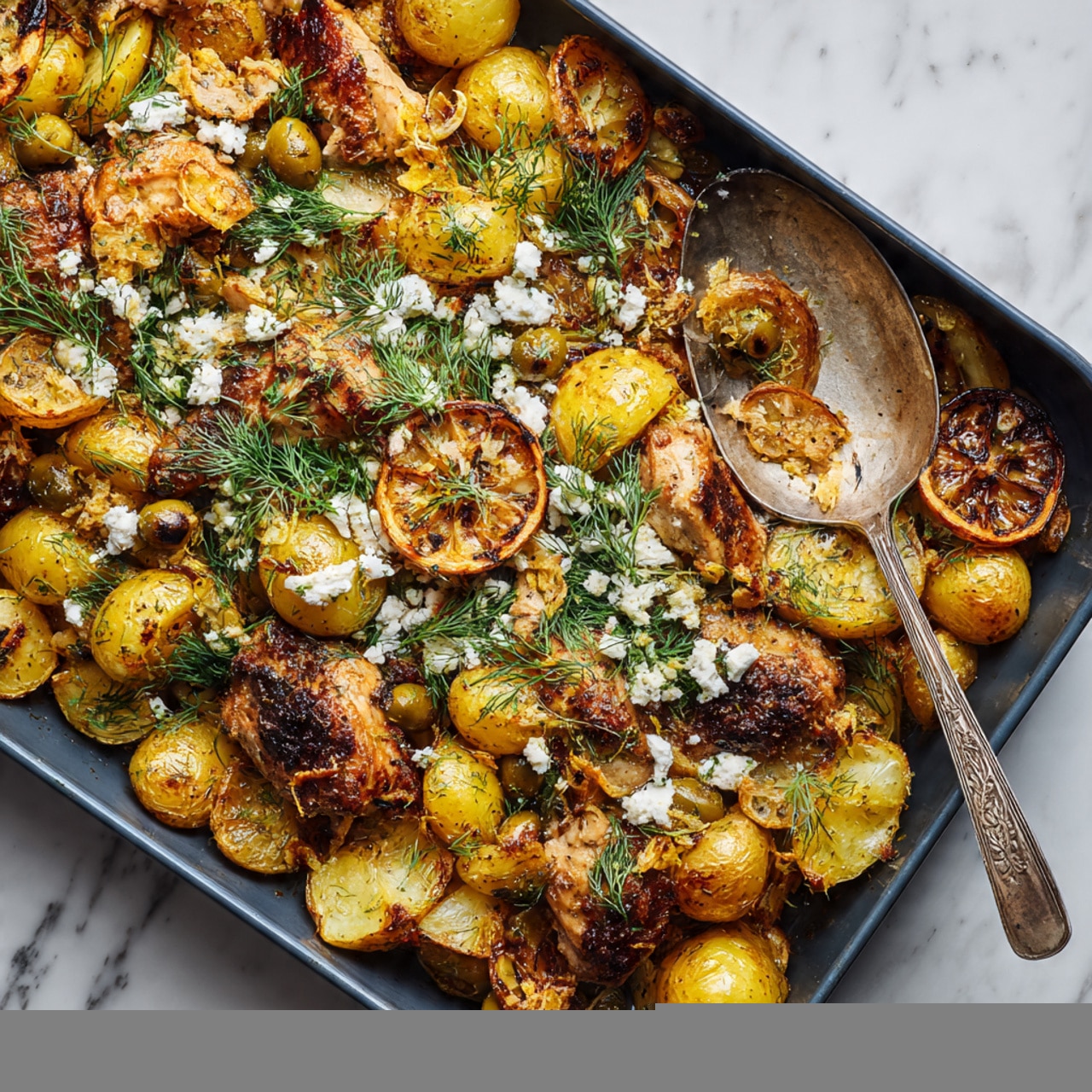 The image shows a roasting pan filled with several layers: the bottom layer has golden roasted potato halves and chunks with crisp brown edges, mixed with small round roasted potatoes and slices of charred lemon wedges. On top, there are browned pieces of cooked chicken with a slightly crispy texture. Scattered across the dish are dollops of white crumbled cheese. The whole dish is sprinkled with a mixture of finely chopped green herbs and sliced green olives, adding a fresh and textured look. Some sprigs of fresh dill garnish the pan, and a vintage silver serving spoon rests in the pan. The background surface is white with a marbled texture. photo taken with an iphone --ar 4:5 --v 7