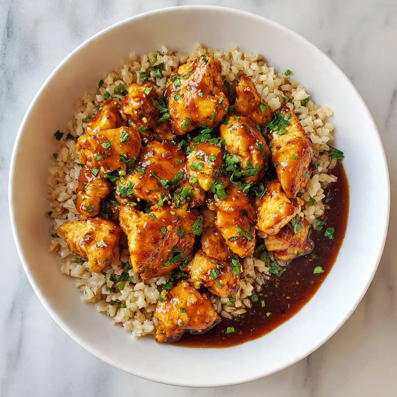A white bowl filled with a layer of light brown rice topped with several pieces of golden-brown chicken coated in a shiny, dark brown sauce. Small green herb pieces are scattered on top of the chicken, adding a fresh touch. The bowl sits on a white marbled surface. Photo taken with an iphone --ar 4:5 --v 7