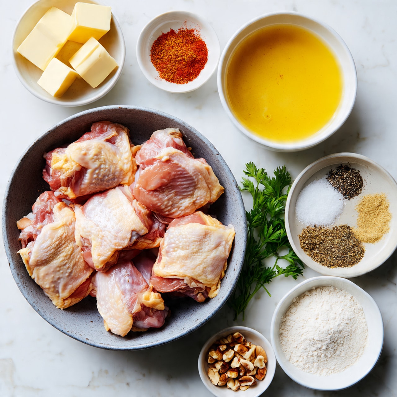 A grey bowl filled with two raw chicken breasts is centered on a white marbled surface. Around the bowl are smaller white bowls arranged neatly: one with cubed butter, one with yellow broth, one with chopped onions, one with white flour, and one with various spices including black pepper and red paprika, some mixed and some in piles. A small pile of nuts is also visible in a tiny white bowl. Some green parsley sprigs are laid beside the bowls. The scene is bright and clean. Photo taken with an iphone --ar 4:5 --v 7