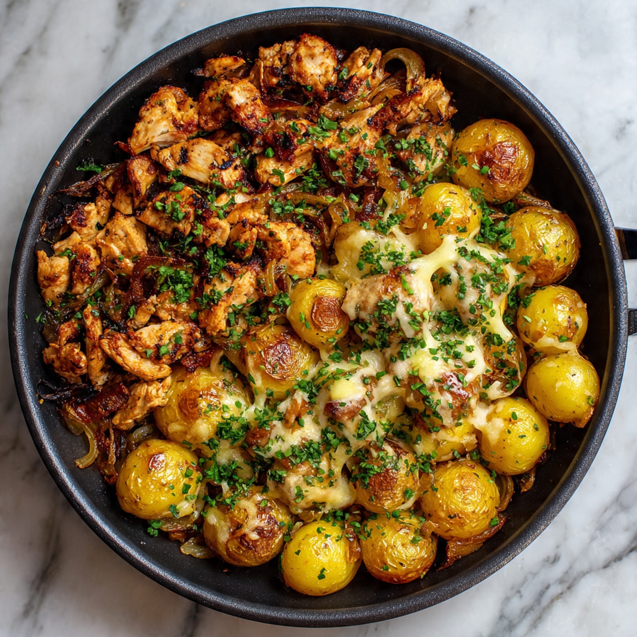 The image shows a black pan filled with two main layers: the base layer has golden brown roasted baby potatoes cut into halves and quarters, with a crispy texture and some herbs sprinkled on top. Above this, there is a layer of browned chicken pieces, evenly spread and topped with a light drizzle of melted cheese and finely chopped green herbs. The overall look is warm and crispy with a mix of golden and light brown colors on a white marbled surface in the background. photo taken with an iphone --ar 4:5 --v 7