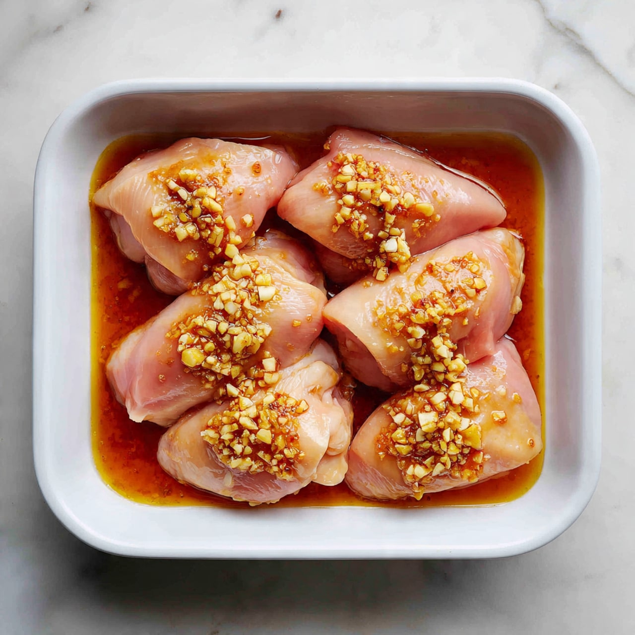 In the image, there is a white rectangular ceramic dish filled with six raw chicken pieces, each light pink with a smooth texture. The chicken is spread evenly to fill the dish, and small bits of minced garlic, pale yellow in color, are scattered across the top of the chicken. There is a reddish-brown liquid marinade pooling gently around the chicken pieces, giving a glossy shine to the meat. The dish sits on a white marbled textured surface. photo taken with an iphone --ar 4:5 --v 7