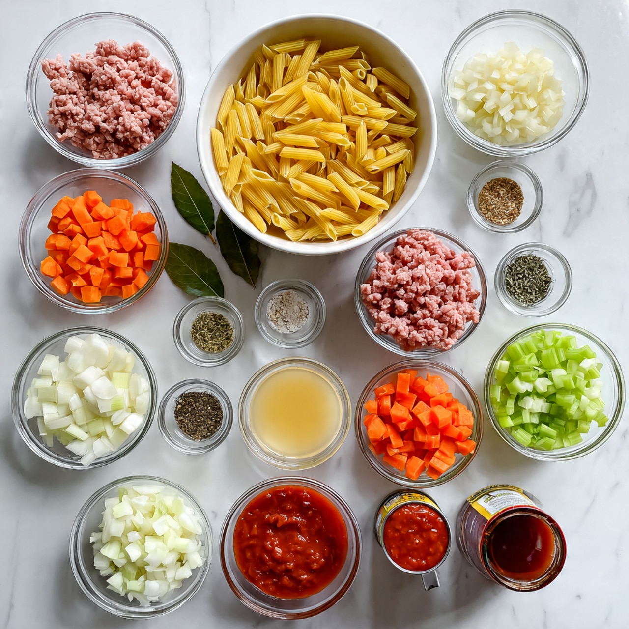 This image shows a top-down view of various cooking ingredients arranged neatly on a white marbled surface. There are 16 clear glass bowls and measuring cups, each containing different ingredients: from uncooked yellow penne pasta in a large white bowl at the top center, to ground meats with pink and reddish colors placed near the bottom. Other bowls hold chopped white onions, diced orange carrots, crisp green celery, finely chopped garlic, and crushed red tomatoes. There are also small bowls with dried herbs, black pepper, and salt, plus measuring cups with light beige and yellow liquids and a dark red tomato sauce from an open can. A dark green bay leaf is placed beside the herbs near the bottom center of the image. Each item is isolated and clearly visible in the bright natural light. photo taken with an iphone --ar 4:5 --v 7