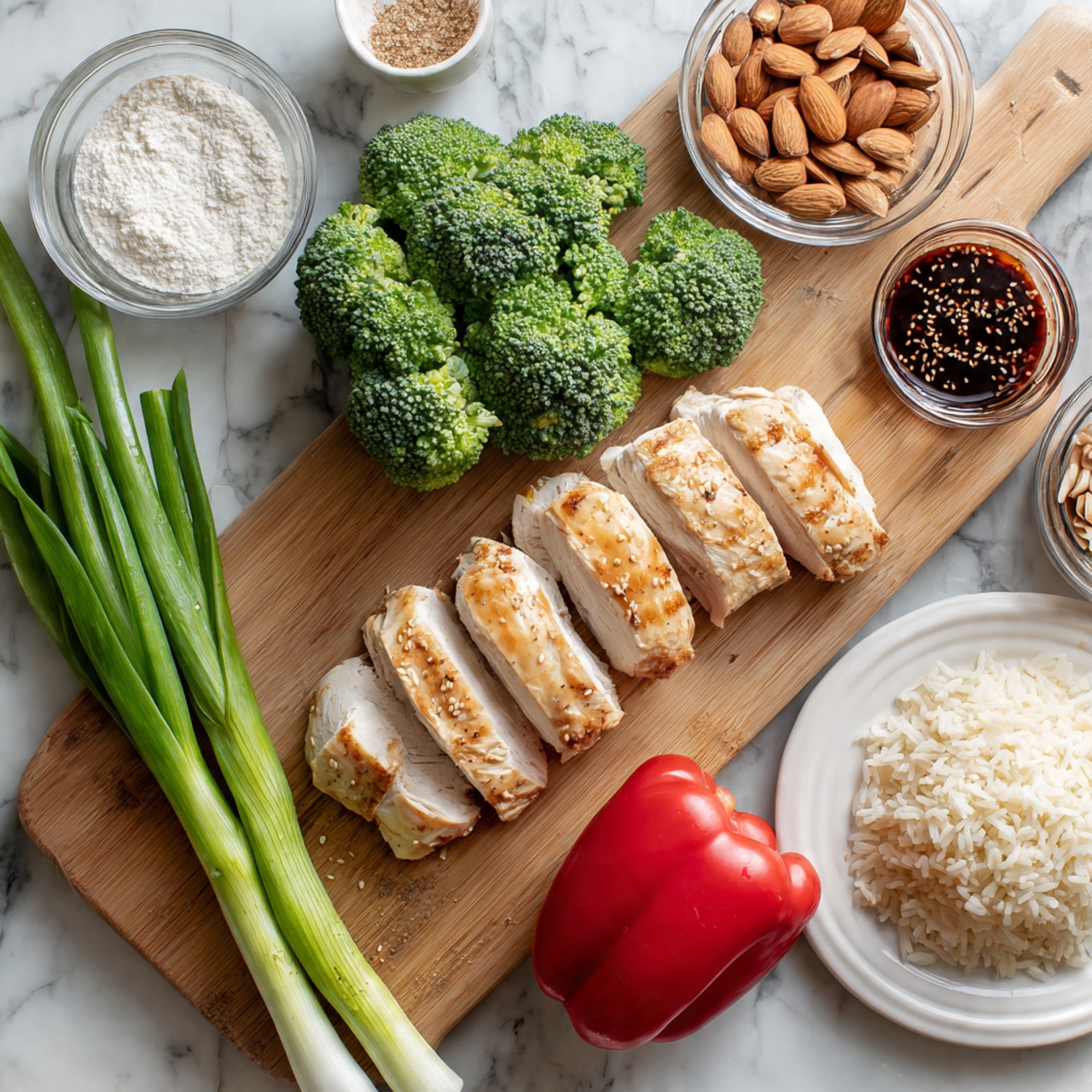 A wooden cutting board holds fresh ingredients for a meal on a white marbled surface; on the right side, there is one white plate with sliced cooked chicken arranged in neat rows showing a light golden brown top and white inside. Next to it is a small cluster of fresh green broccoli with textured florets and stalks. Five fresh green onions with long white and green stems lie diagonally across the board. Below the broccoli and onions is a bright red bell pepper with a shiny smooth skin. Around the board on the marbled surface are a small white bowl with white powder, a small bowl with a dark sauce speckled with sesame seeds, a small glass cup with a clear liquid, a glass bowl filled with fluffy beige cooked rice, a small white bowl filled with chopped almonds, and a small glass cup containing a reddish liquid. Photo taken with an iphone --ar 4:5 --v 7
