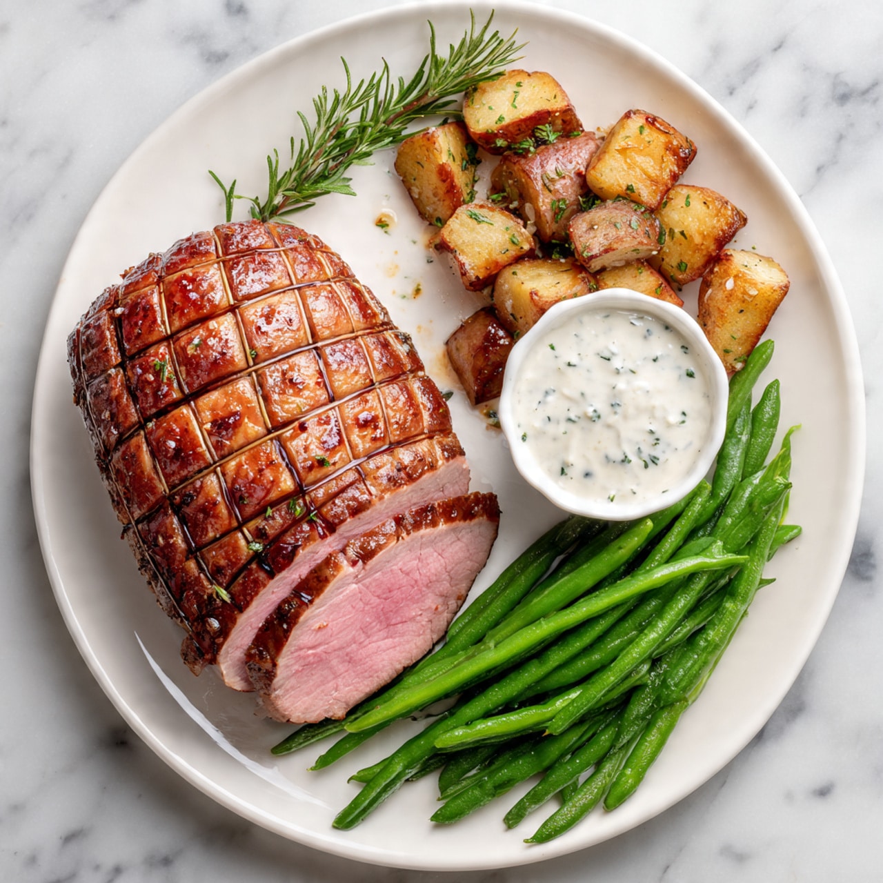 The image shows a white plate with a cooked roast on the right side, tied with string in a grid pattern and seasoned with small bits of garlic and herbs. On the left side of the plate, the roast is sliced into several medium-thick pieces showing a pink center and browned edges. In the middle of the plate, there is a small white bowl filled with a creamy white sauce with green herb specks. Below the sauce and roast, a bunch of cooked green beans with a shiny texture are arranged neatly. The plate is set on a white marbled surface. Photo taken with an iphone --ar 4:5 --v 7