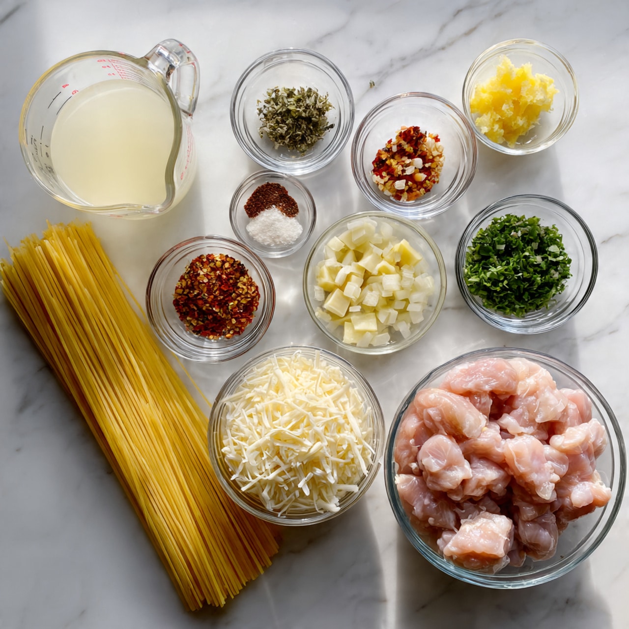 The image shows various cooking ingredients placed neatly on a white marbled surface. There is a clear glass bowl on the right side filled with light pink raw chicken pieces. Beside it, closer to the bottom, is another clear bowl filled with shredded white cheese. To the left of the cheese, there is a bundle of uncooked yellow spaghetti pasta lying flat. Above the pasta, there are small clear bowls arranged in a semicircle holding different ingredients: finely chopped green herbs, minced garlic, salt, pepper, red chili flakes, lemon zest, butter chunks, chopped shallots, and a small bowl with a light yellow liquid. A glass measuring cup with a white liquid is placed on the left side, slightly behind the pasta. All items are clearly visible with natural lighting and the overall arrangement is clean and organized. Photo taken with an iphone --ar 4:5 --v 7
