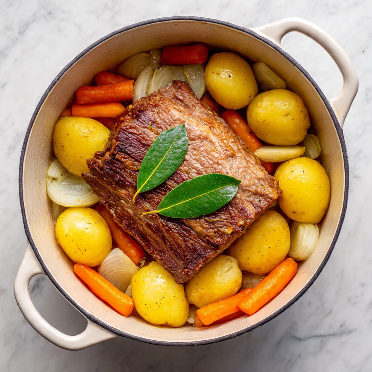 In a white pot, there is a large piece of cooked brown meat placed slightly to the right side, topped with two green bay leaves. Surrounding the meat are several yellow potato pieces with smooth skin, unevenly shaped, scattered throughout the pot. Bright orange carrot chunks and translucent white onion pieces are also mixed in among the potatoes, adding color variety. The texture of the meat looks slightly seared with darker brown spots, and the vegetables appear fresh and firm. The pot sits on a white marbled surface. photo taken with an iphone --ar 4:5 --v 7