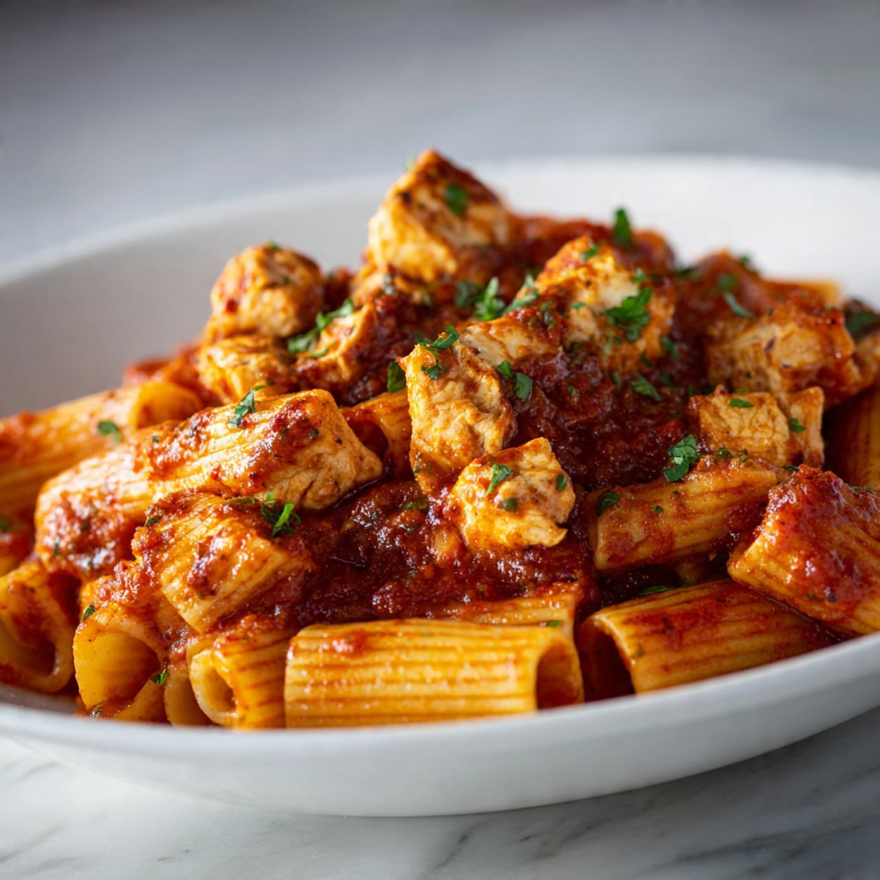 The dish features a white plate filled with rigatoni pasta coated in a thick, rich red sauce. Mixed in are pieces of cooked chicken with a light brown, slightly crispy texture. Green herbs are sprinkled across the top, adding a fresh touch to the warm colors of the pasta and chicken. The sauce glistens under soft light, pooling lightly between the pasta, creating a shiny, appetizing finish. The white marbled surface under the plate reflects some light, enhancing the overall warmth and inviting look of the dish. Photo taken with an iphone --ar 4:5 --v 7
