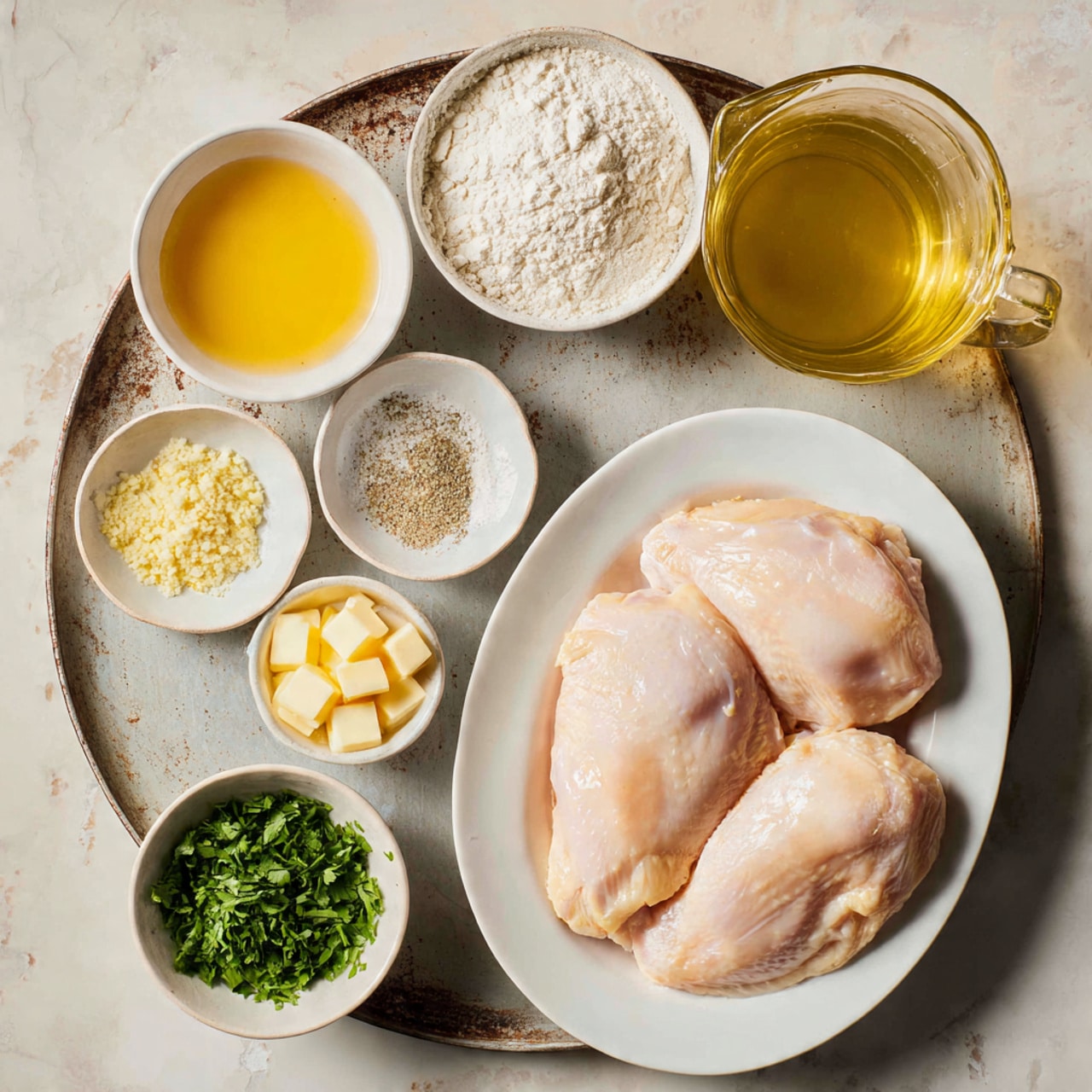 The image shows a white oval plate at the bottom center holding three large raw chicken pieces that are pale pink and smooth in texture. Above the plate, there is a row of small white bowls arranged on a worn metal tray with a rustic look. The top left bowl contains golden yellow melted butter, next to it in the middle is a bowl with white flour, and on the top right is a bowl with three seasonings: coarse salt, cracked black pepper, and beige garlic powder, each forming a small pile side by side. Below these, there is a bowl with finely chopped light yellow garlic on the left and a bowl with several cubes of pale yellow butter in the center. On the far right, there is a clear glass measuring cup filled with light yellow broth. At the bottom left of the tray, two small white bowls hold fresh green chopped parsley. The whole setup sits on a surface with a white marbled texture. Photo taken with an iphone --ar 4:5 --v 7